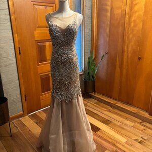 Terani Couture Glittering Silver and Tan Prom Dress
